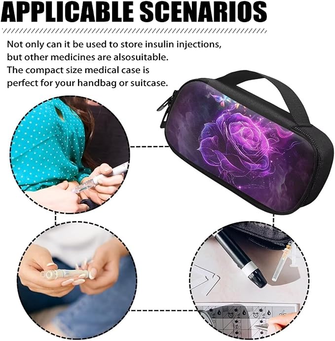 Purple Rose Butterfly Insulin Travel Bag with Handle for Insulin Pen & Medication Diabetic Care Dustproof Glucose Meter and Diabetic Supplies Storage Bag for Daily Life & Trip