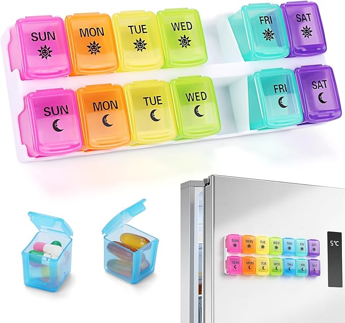 Zentiky Magnetic Pill Organizer for Fridge - AM PM Pill Organizer 2 Times a Day,Magnetic Weekly Pill Organizer 7 Day Medicine Pill Case for Daily Supplement,Vitamins,Medication