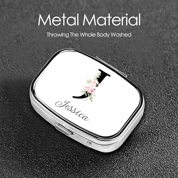 Custom Pill Box Personalized Square Small Pill Case with Mirror Add Your Photo Text Logo Name Decorative 2 Compartment Portable Metal Medicine Container Vitamin Organizer for Pocket Purse Travel (J)