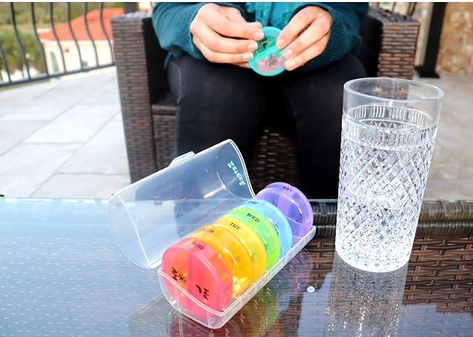 Small Pill Organizer 7 Day Weekly Tower Travel Pills Box Med Dispenser - 4 Times a Day AM PM Noon Night Medicine Container Medication and Vitamin Holder