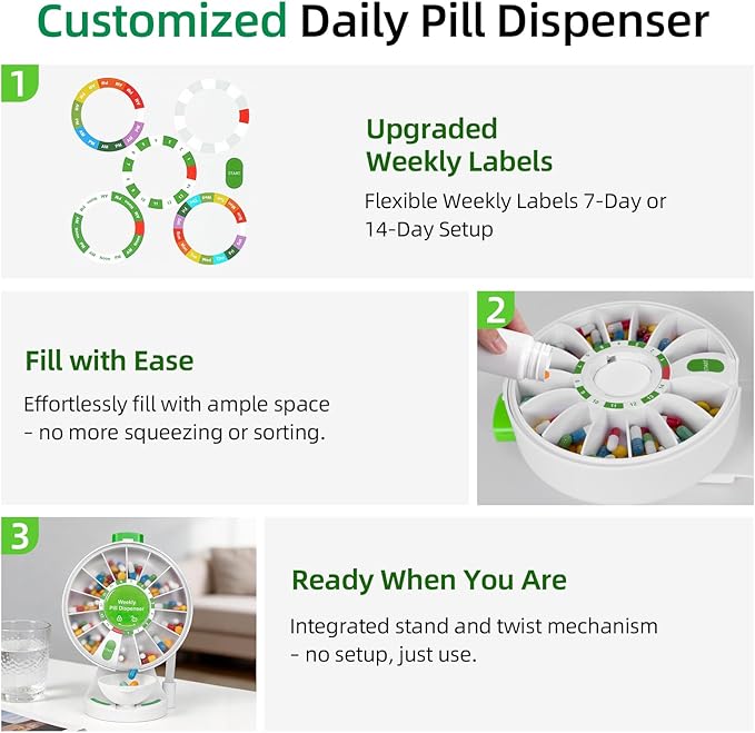 JULOS Daily Pill Organizer with One-Press Button for Elderly, Large 14 Compartment with Cup, Wall Mounted or Countertop Medicine Dispenser, Easy Pill Holder for Medicine, Vitamin or Supplements, Green
