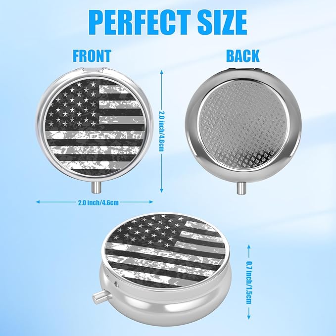 Pill Box, 3 Compartments Small Pill Case Travel Portable Metal Medicine Box with Mirror Mini Container for Purse Pocket Women Men（Black Camo American Flag）