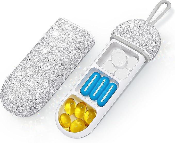Yivaiks Bling Travel Pill Organizer Crystal Rhinestone 3 Compartments Portable Pill Case Daily Pill Box to Hold Vitamins Small Pill Container for Pocket Purse Medicine Organizer(White)