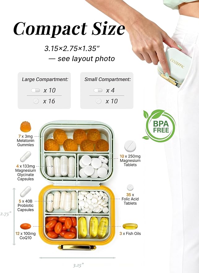Small Pill Case Travel Pill Box with 7 Compartments for Purse - Compact Pill Organizer for Medicine Vitamin - Portable Container for Fish Oil & Supplements - Sage