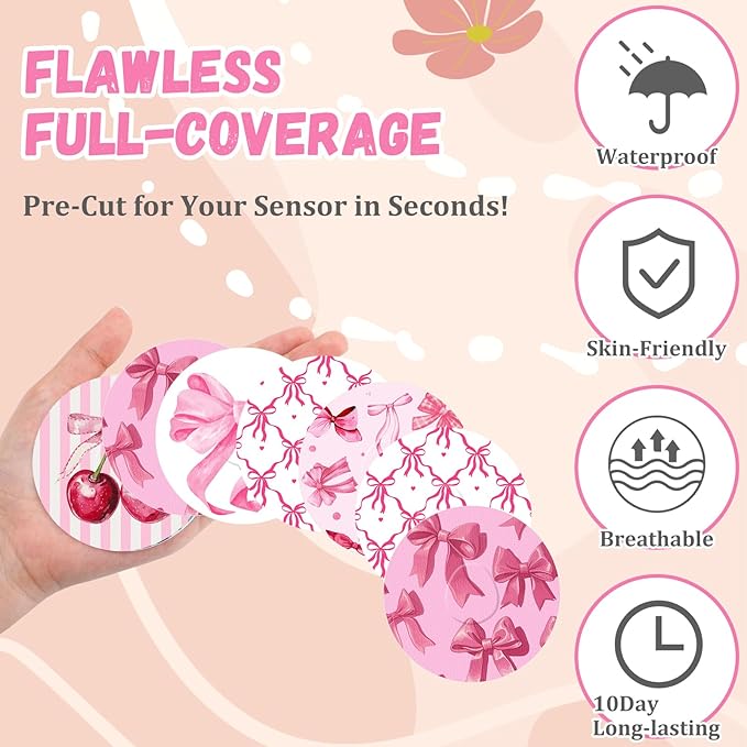 Geiserailie 30 PCS Adhesive Patch Compatible with Libre 3 Pre-Cut Flowers Pink Bow NO Glue in The Center Sensor Cover for Continuous Glucose Monitor Long Fixation Flexible Breathable