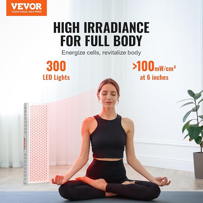 VEVOR Red Light Therapy for Whole Body, 300 Dual-Chip LEDs, 10Hz/40Hz Pulse, 3 Timing Setting, Red 660nm & Near Infrared 850nm Light Therapy Panel for Pain Relief, Wound Healing, Skin Health, 300W