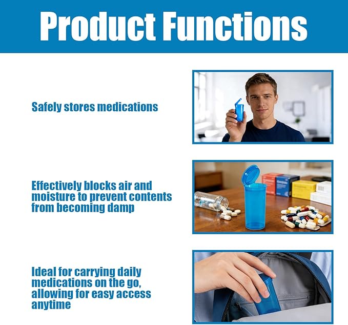8 Pack Empty Plastic Pill Bottles with Pop Top Caps, Airtight Multi-Purpose 13 Dram Pill Container for Medicines, Supplements, or Any Small Items (Blue Transparent)