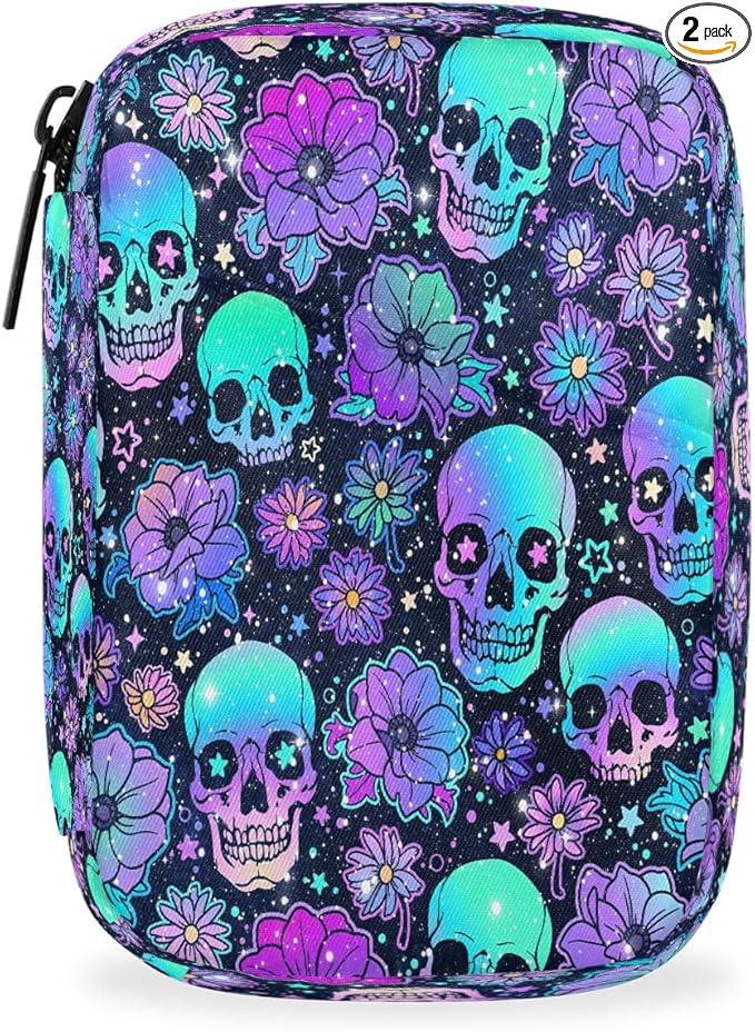 Skull Psychedelic Purple Pill Case Travel Pill Organizer Weekly 7 Day Portable with Zipper Medicine Box Pill Case for Vitamins, Birth Control,Fish Oils,Medication, Supplements