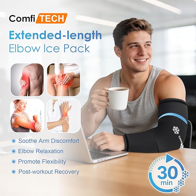 ComfiTECH Dual-Gel Full Arm Ice Pack Wrap with Extended 30-Min Cooling for Elbow, Detachable Cold Pack & Flexible Gel Ice Sleeve for Volleyball, Tennis Recovery, Muscle Relaxation, Large, 2 Packs
