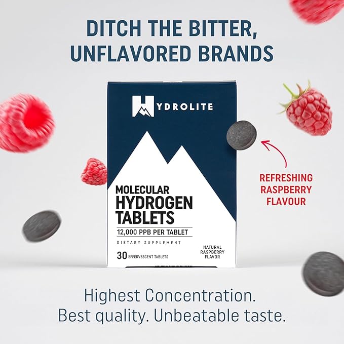 HydroLite Molecular Hydrogen Tablets for Drinking Water with Magnesium | Highest Concentration H2 12,000 PPB | Energy Booster, Enhance Performance & Recovery | Made in USA, 30 Tablets (Raspberry)