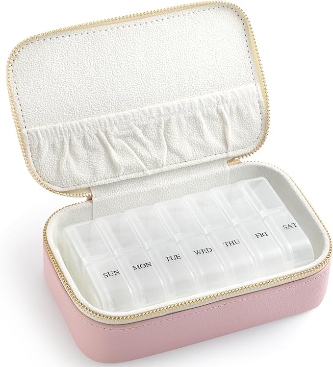 Genuine Leather Travel Pill Organizer Box Case 2 Times a Day for Purse for Women, Cute Medicine Pill Holder Containers for Vitamin Medium Weekly Daily 7 Day Am Pm Pill Organizer(Pink)