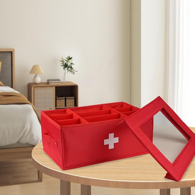 First Aid Kit, Linen First Aid Supplies Box, Pill Bottle Organizer, Empty Box with Lid for Home & Travel Emergency Tool Set - Red