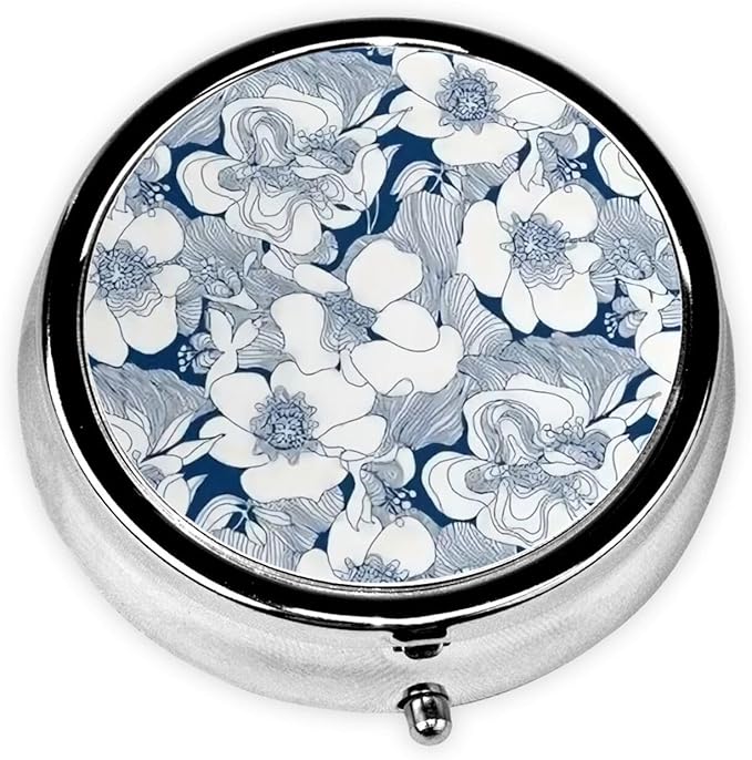 Metal Silver 3 Compartment Pill Box Pocket Portable Mini Travel Pill Case Small Round Decorative Medicine Box Vitamin Pill Organizer with Flower