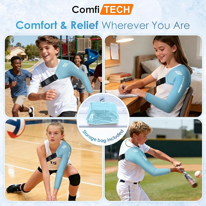ComfiTECH Youth Shoulder Arm Ice Pack Wrap for Young Pitchers, Ice Arm Sleeve for Teen Volleyball Players, Flexible Cold Application for Throwing Recovery, Elbow Joint & Muscle Comfort, Medium