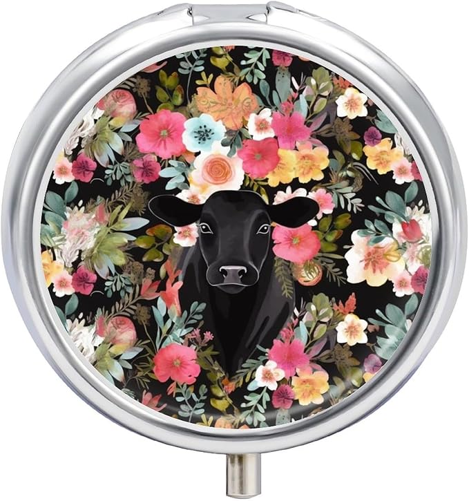 Steer Floral Pill Box Travel Pill Case for Purse Pocket Weekly Medicine Organizer with Mirror 3 Compartment Round Medicine Case Portable PillcaseHolder for Daily