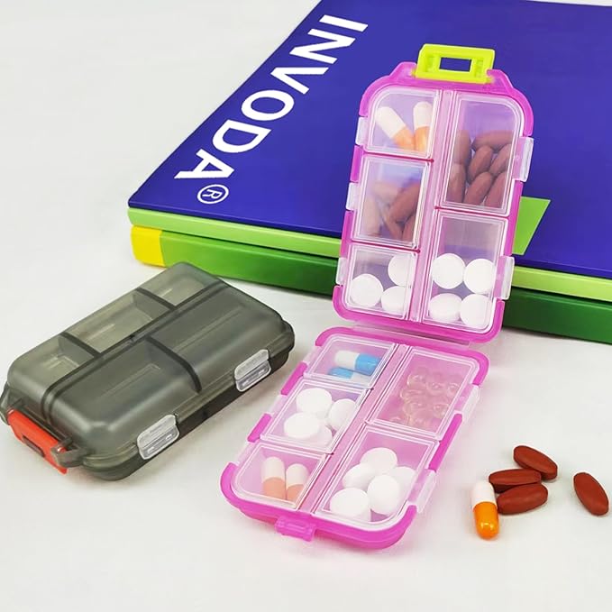 Travel Pill Organizer Portable Pocket Pill Case Small Pill Box for Purse Medicine Organizer Have 10 Compartments Storage Vitamin Fish Oil by INVODA (1PCS Pink+Lables)