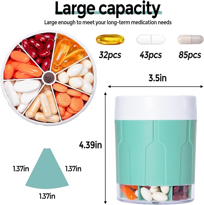 Betife Extra Large Supplement Organizer,Weekly Pill Organizer Bottle, Daily Pill Dispenser with 7 Large Compartments, Organizer to Hold 7 Day Vitamin Medication,21 Labels and a Cleaning Brush(Cyan)