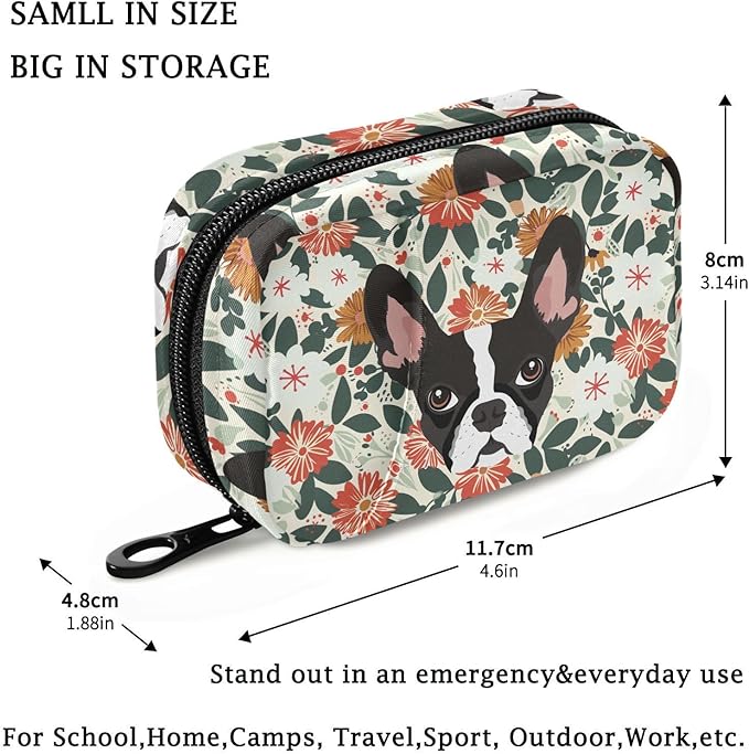 Fustylead Vivid Boston Terrier and Vibrant Flowers Pill Organizer Travel Bag, Small Portable Pill Case Cute for Vitamin Fish Oil Supplements Medicine Organizer with Zipper