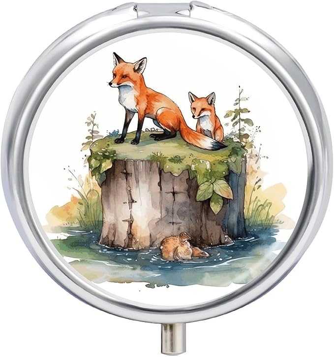 Hand Drawn Fox Pill Box Travel Pill Case for Purse Pocket Weekly Medicine Organizer with Mirror 3 Compartment Round Medicine Case Portable PillcaseHolder for Daily