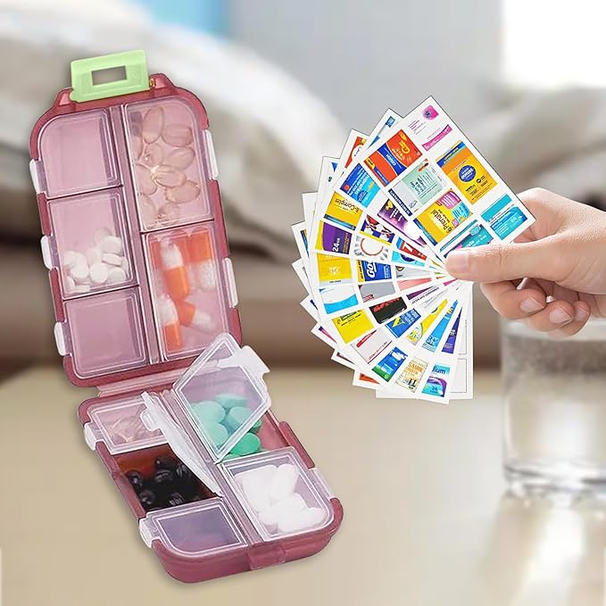 4PCS 7-Day Pill Organizer with Labels – Compact Daily Medication Case | Travel-Sized (3.7" x 2.4") Secure Lock | AM/PM Compartments | Includes 300+ Common Medicines Vitamins Health Product Sticker