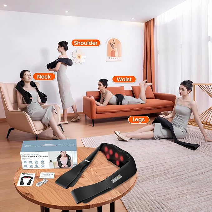 AMZPONY® Cordless Neck Massager for Pain Relief Deep Tissue, Rechargeable Shiatsu Neck and Back Massager with Heat Kneading Shoulder Massage for Body Muscle Pain Relief,Gifts for Mom Dad Friends