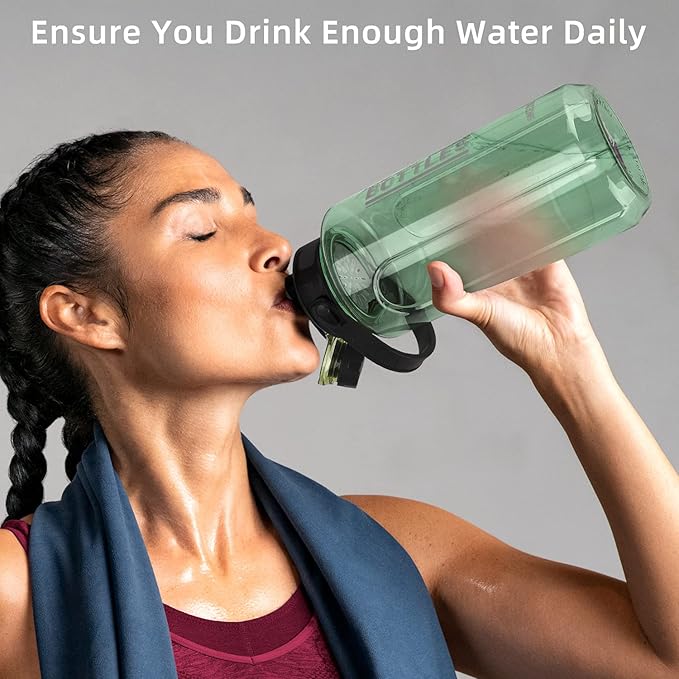 Half Gallon/64oz Water Bottle With Handle, 2L Leak proof BPA Free Fitness Sports Water Jug, Ensure You Drink Enough Water Daily for Gym and Outdoor Sports(Green)