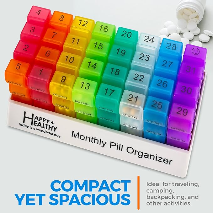 Month Pill Box Organizer - 3-Times-A-Day | Morning-Noon-Night - 30 Day Pill Case with 32 Daily Compartments for Vitamins, Supplements, Medication - Travel Monthly Pill Organizer 3 Times A Day