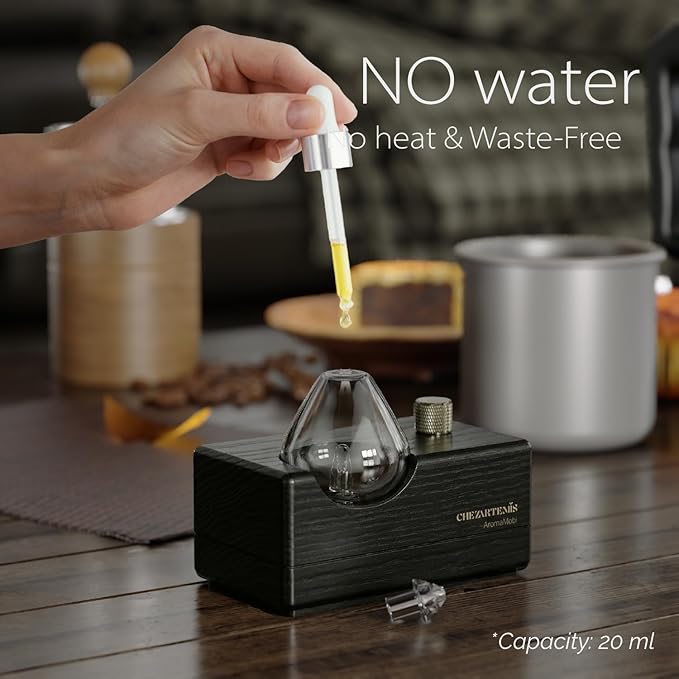 Black Obsidian Waterless Essential Oil Diffuser with Real Wood Base for Aromatherapy, Modern Smoky Glass Oil Diffuser, Cordless Portable Scent Diffuser Machine for Office Men Large Room, 2026 Model