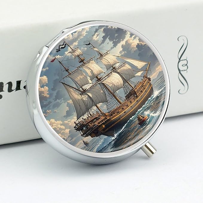 Nautical Sailing Pirate Ship Pill Box Travel Pill Case for Purse Pocket Weekly Medicine Organizer with Mirror 3 Compartment Round Medicine Case Portable PillcaseHolder for Daily