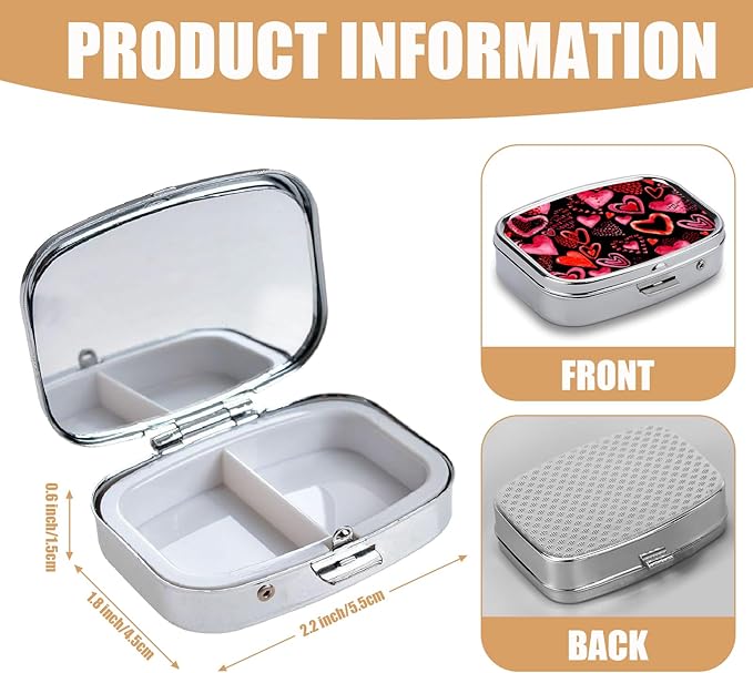 Pill Box-2 Compartment Small Pill Case Square Organizer Case with Mirror Portable Metal Medicine Box Travel Container for Pocket & Purse Women Men（Red Heart）