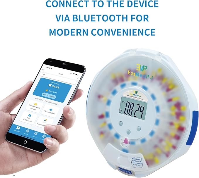 EziMedPil Bluetooth Pill Dispenser w/Sound & Light & App Alert, up to 9 Alarms/Day, Easy Setup on SmartLife, Frosted Lid & Locked 28-Day Medication Dispenser for Protecting Pills Privacy