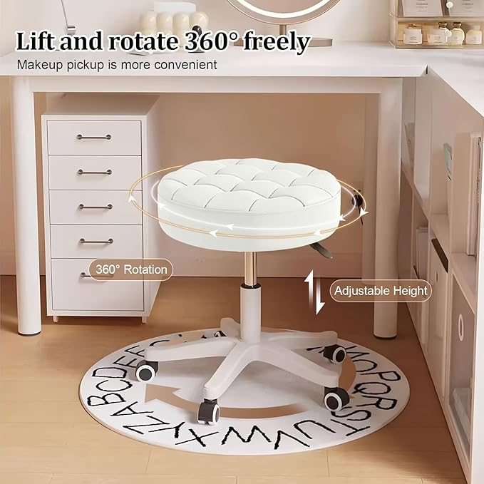 Small Rolling Stool with Wheels, PU Leather Height Adjustable Vanity Work Task Stool, 360 Swivel, Padded Seat Cushion,for Salon, Home, Office