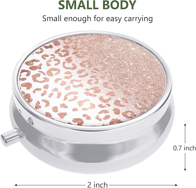 Nipichsha Pill Box, Small Pill Case for Purse & Pocket, Cute Travel Medicine Organizer, Portable Medicine Container Holder to Hold Vitamins, Medication, Fish Oil & Supplement, Rose Gold Leopard Print