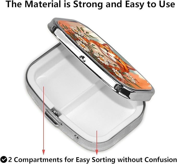 ABLESKY Pill Box, 2 Compartment Pill Organizer Case for Pocket or Purse, Small Portable Metal Travel Medicine Box with Mirror, Daily Vitamins Fish Oil Container-Chamomile Orange Cat