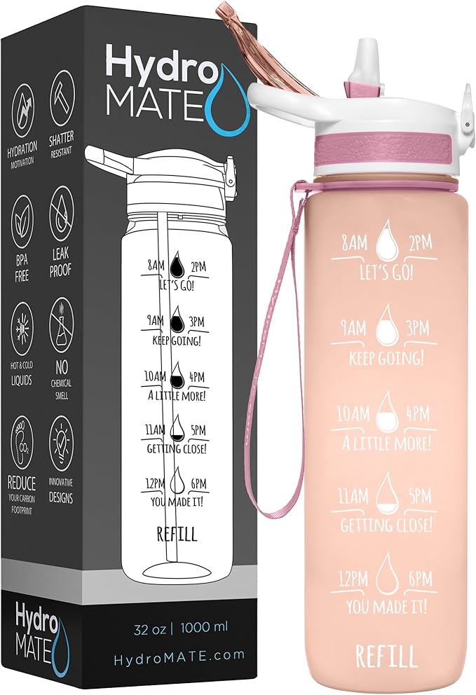 NatureWorks HydroMATE 32 oz Water Bottle with Time Markings Hourly BPA Free Reusable Leak Proof with Straw and Carrying Strap 1 Liter