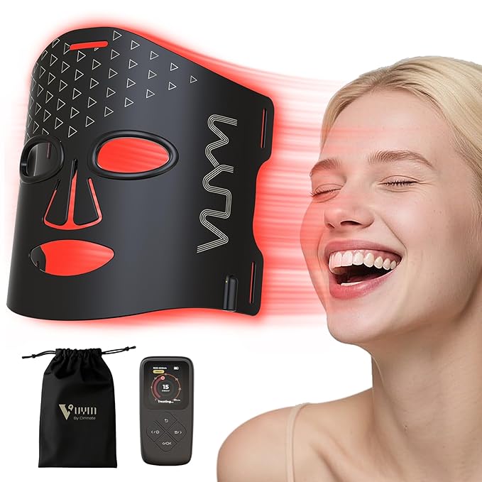 VYM Red Light Therapy for Face: High-Energy Super Lightweight 292 LEDs Cordless Professional Light Therapy Mask Infrared LED Face Mask at Home Travel 2mm Thickness - Black Bag