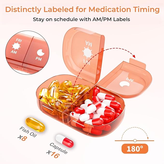 Pill Organizer 2 Times A Day, 7 Day Am Pm Pill Box - Weekly Pill Organizer Twice A Day, Portable Removable Daily Medicine Container Dispenser Case for Vitamin Fish Oil Supplement, BPA-Free (Rainbow)