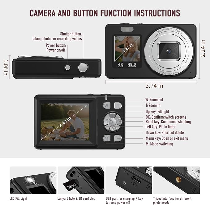 Digital Camera, 4K 48MP Autofocus Dual Screen for Selfies, 18X Zoom Fill Light, Portable Point and Shoot Camera with 32GB SD Card for Kids, Teens, Girls, Boys- Black