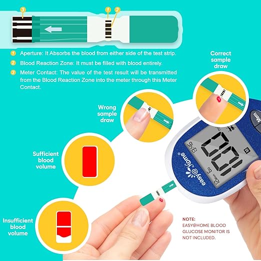 Easy@Home Blood Glucose Test Strips for Diabetes: for Use with Blood Sugar Monitor - Self Glucose Testing - 100 Diabetic Test Strips EBG-100SL-STRIP