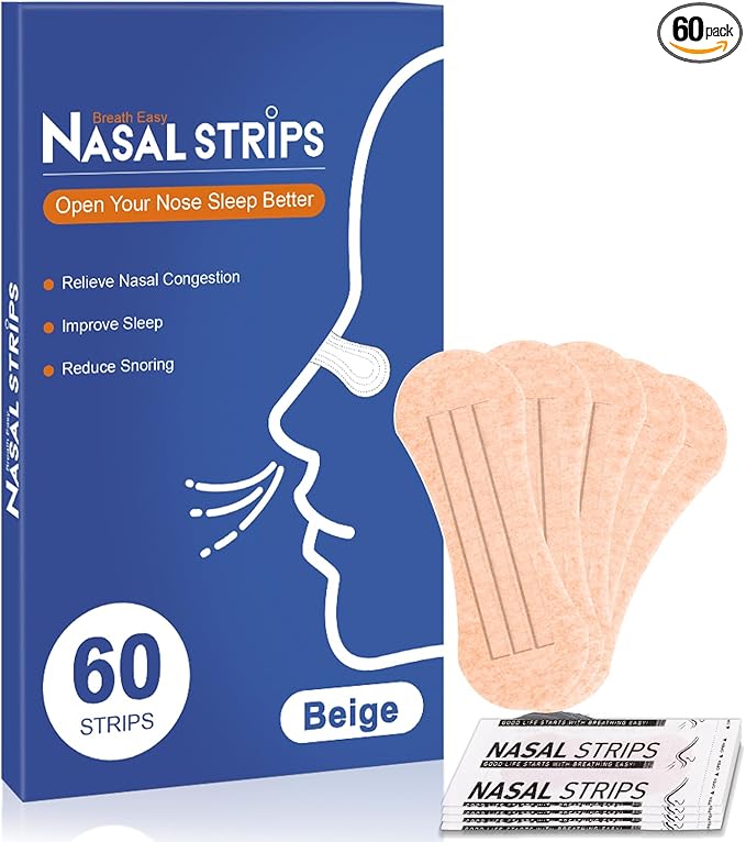 Nasal Strips for Snoring - Extra Strength Nose Strips for Breathing (60 ct), Beige Nose Tape for Sleeping and Sports, Nasal Congestion Relief, Oil & Sweat Proof