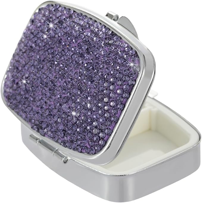 Pill Case for Purse Small Pill Box Holder Metal Compact Pill Organizer Travel Portable Pill Container Pocket Pill Holder for Vitamin Medicine(Purple)
