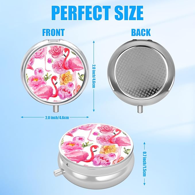 Watercolor Flamingo Rose Pill Case, Pill Box 3 Compartments Metal Small Pill Holder with Mirror Mini Travel Pill Container for Purse Pocket Women Men
