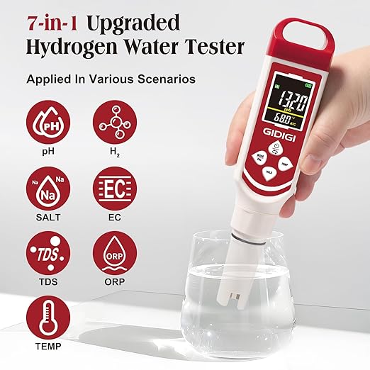 Upgraded Hydrogen Water Tester Meter Verified Digital 7-in-1 H2 ORP pH Meter Salt TDS EC Water Tester for Hydrogen Bottle, Pool, Aquarium, Drinking Water, Hydroponic