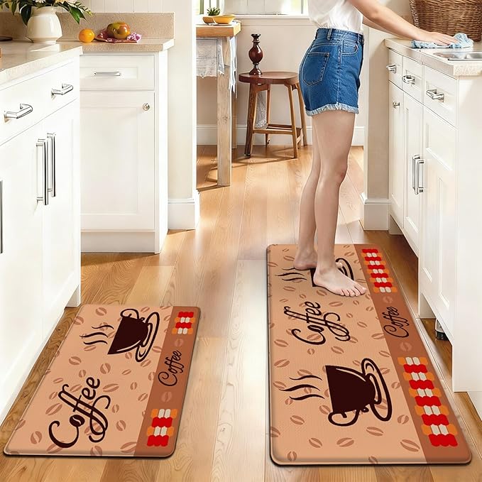 Anti Fatigue Kitchen Rugs Set of 2, Coffee Kitchen Mats for Floor, Farmhouse Kitchen Decor, Anti-Slip and Anti-Fatigue Foam Standing Mat, 17x30 inch Sink Mat+17x47 inch Runner Rug Brown