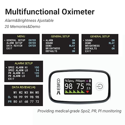 Pulse Oximeter Fingertip, Blood Oxygen Monitor, 4 colors 1.14'' TFT Alarm & Brightness Adjustable