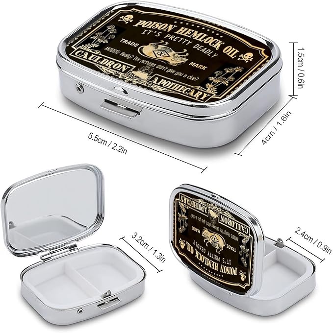 Metal 2 Compartment Pill Organizer Travel Friendly Portable Compact Pill Box Cute Pill Case to Hold Vitamins/Fish Oil/Supplements/Meds/Tablet for Purse/Pocket (Vintage Poison Label)