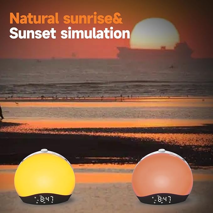 Sunrise Alarm Clock Wake Up Light, Kids Hatch Alarm Clock, Bluetooth White Noise Machine with 22 Soothing Sounds, 17 Color Night Lights, Sunrise Simulation, Dual Alarms, FM Radio, Snooze, Ideal Gift