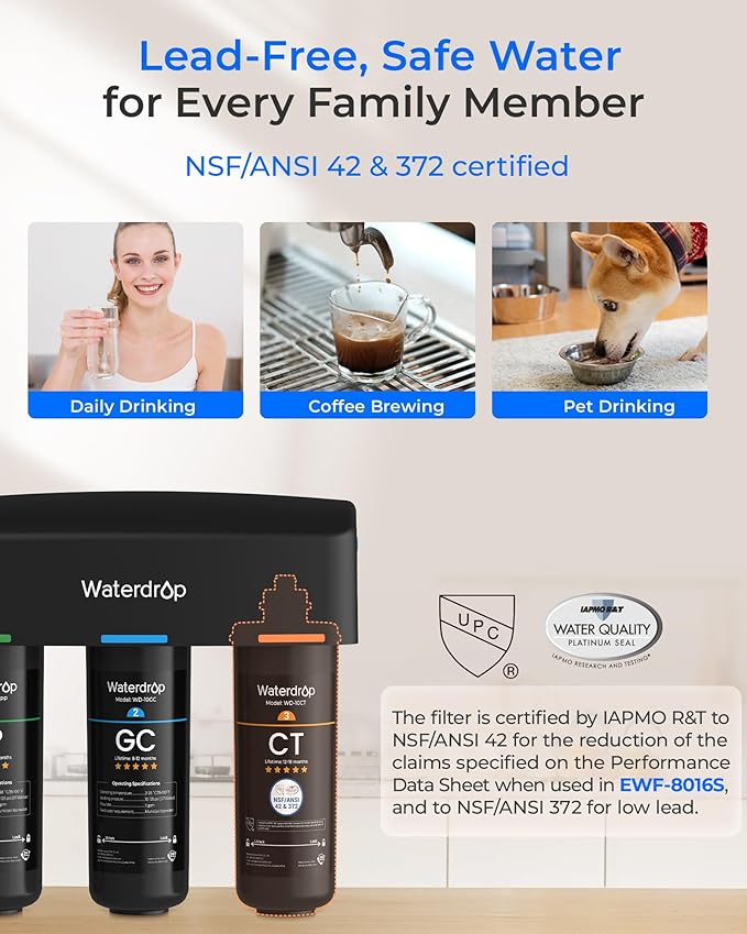Waterdrop TSA 8 Layer Under Sink Water Filter System, Under Sink Water Filtration System, Reduces PFAS, PFOA/PFOS, Fluoride, Chlorine, Bad Taste & Odor, NSF/ANSI 42 Certified Element, USA Tech