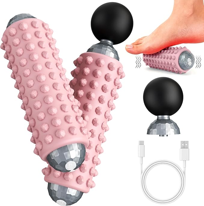 Mini Electric Massage Roller 4 Speeds Vibrating Massage Ball, 2-in-1 Portable Muscle Massager Gun & Roller for Muscle Relief, Detachable Heads, Rechargeable, For Fitness, Office, Travel (Pink)