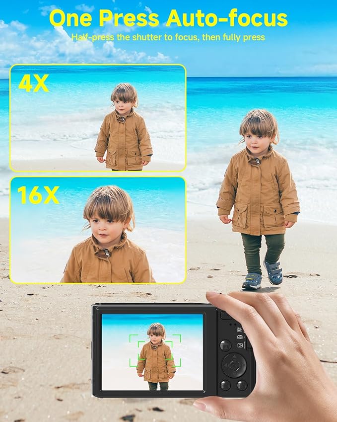 Black Digital Camera 4K for Teens with 16X Zoom Auto Focus, Small Compact Portable Point and Shoot Boys/Girls Student Digital Camera with 64G SD Card, 2 Batteries